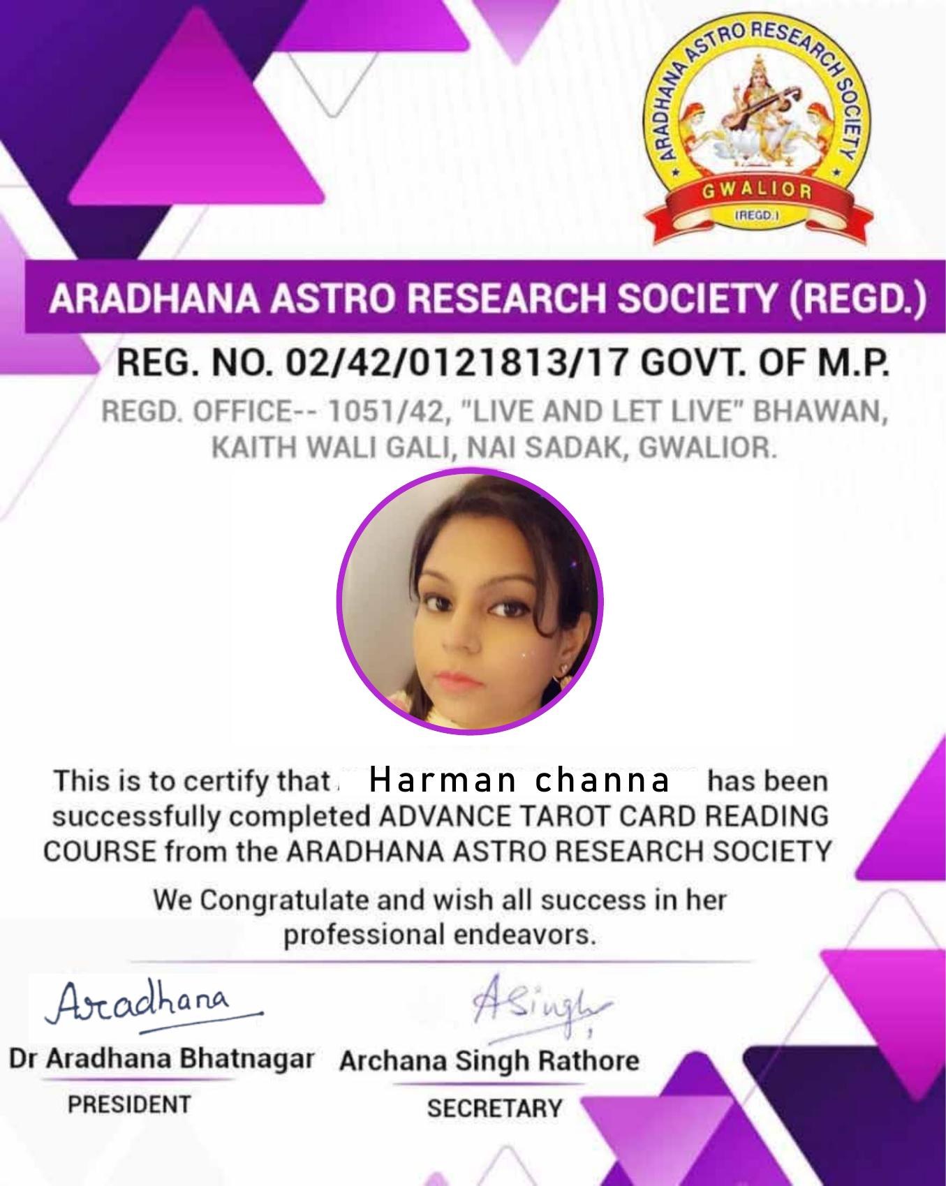 Certificate awarded to Harman Channa for completing Advance Tarot Card Reading Course from Aradhana Astro Research Society