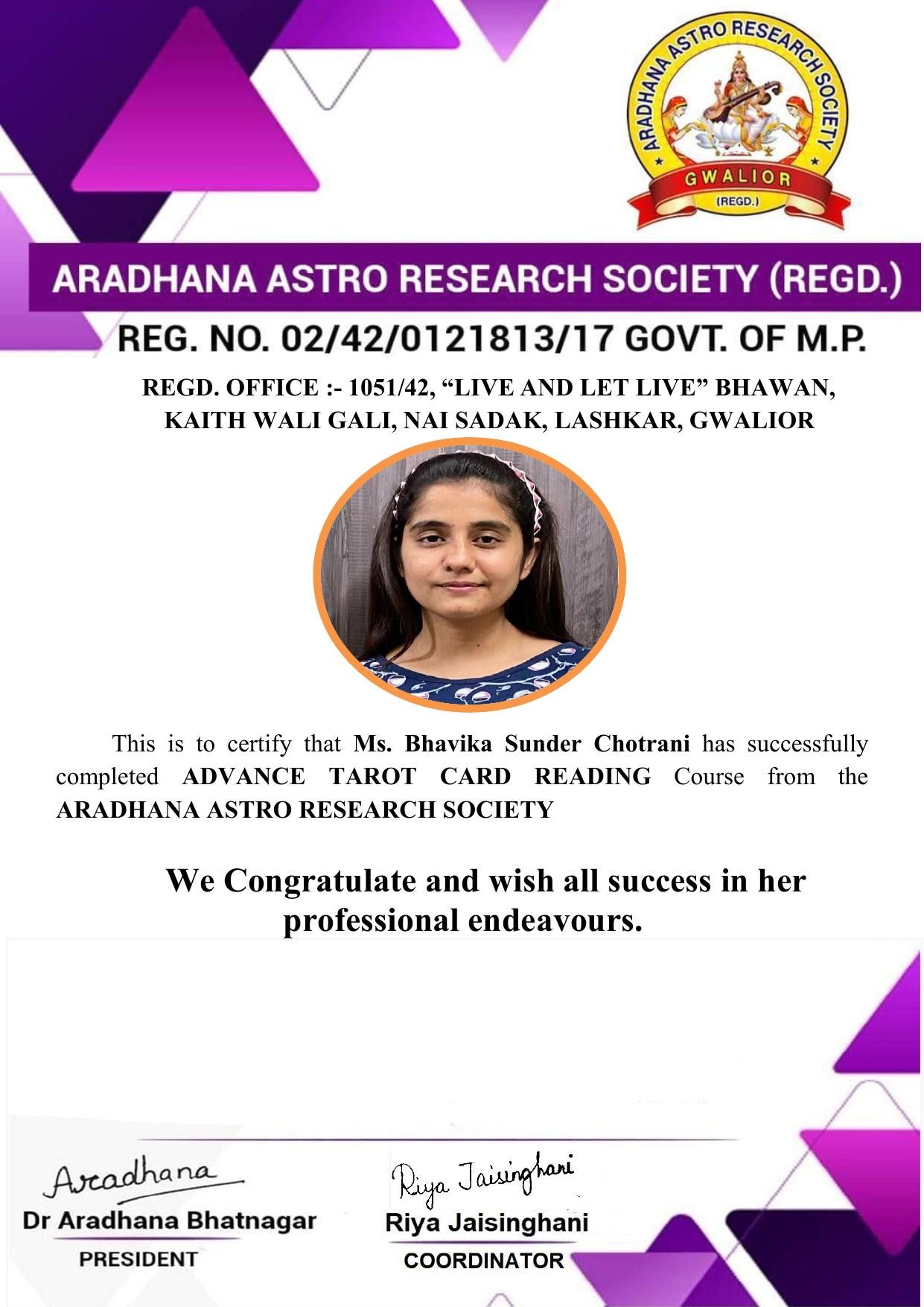Certificate awarded to Bhavika Sunder Chotrani from Aradhana Astro Research Society
