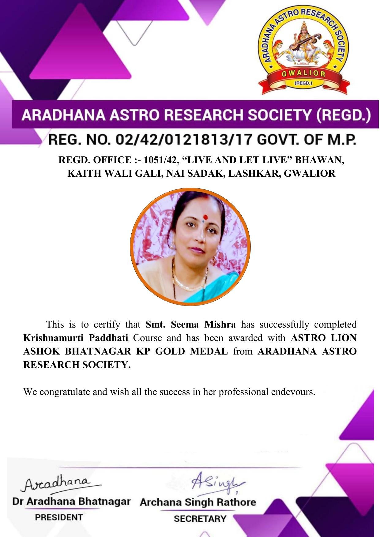 Certificate and KP Gold Medal awarded to Smt. Seema Mishra for completing Krishnamurti Paddhati Course