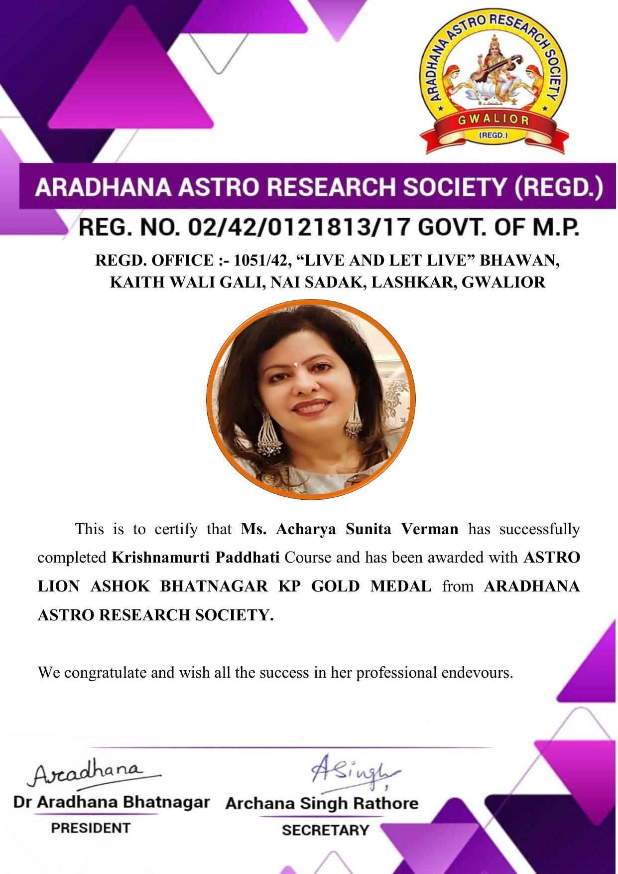 Certificate awarded to Acharya Sunita Verman from Aradhana Astro Research Society