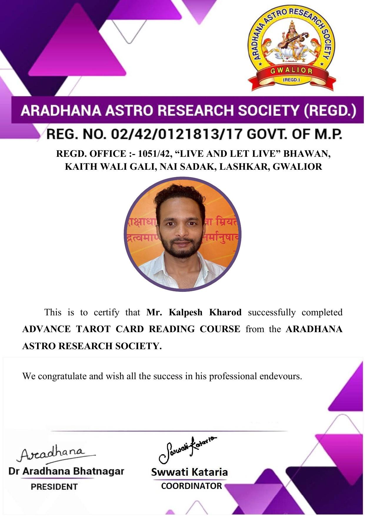 Certificate awarded to Kalpesh Kharod from Aradhana Astro Research Society