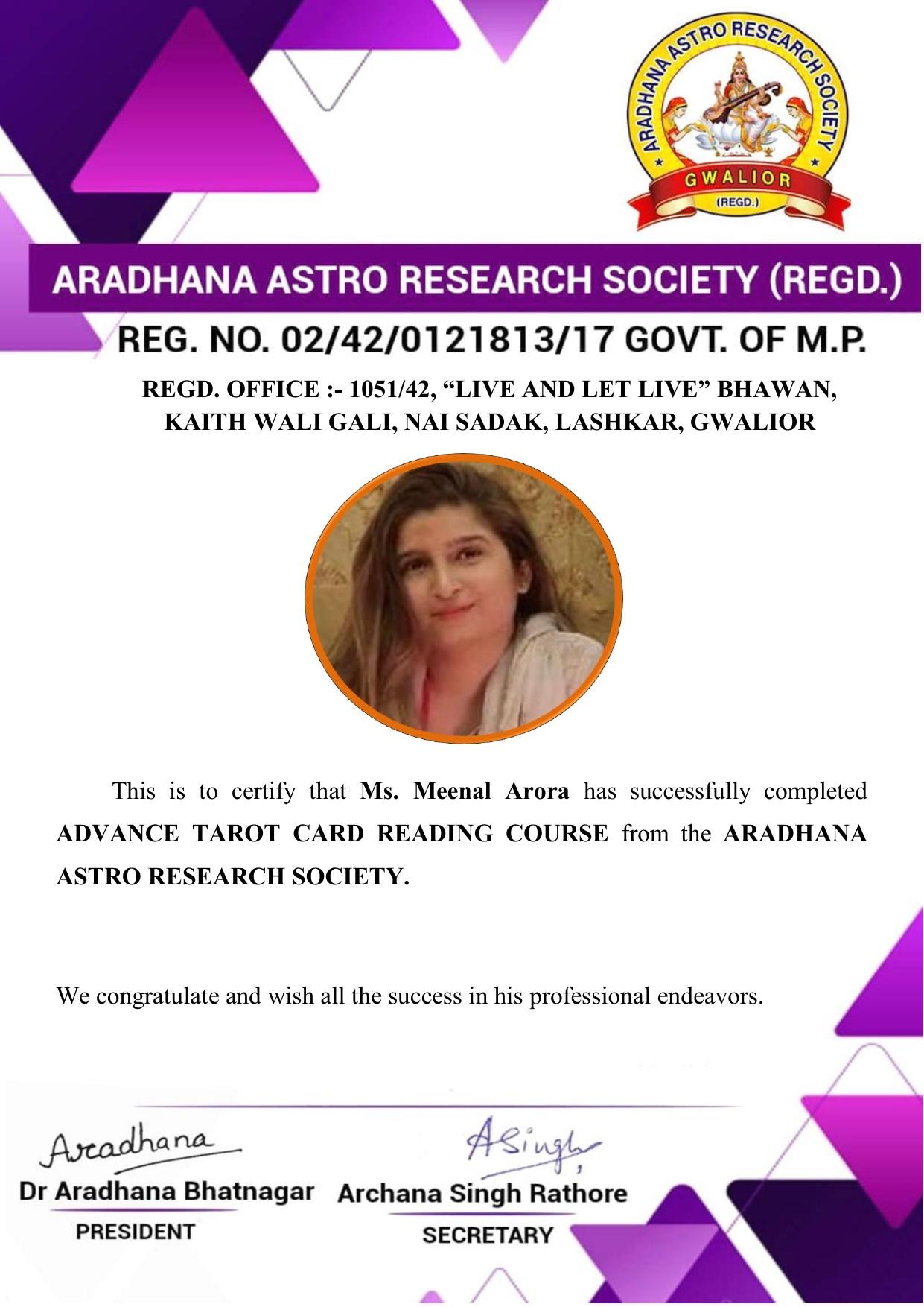 Certificate awarded to Meenal Arora for completing Tarot Card Reading Course from Aradhana Astro Research Society