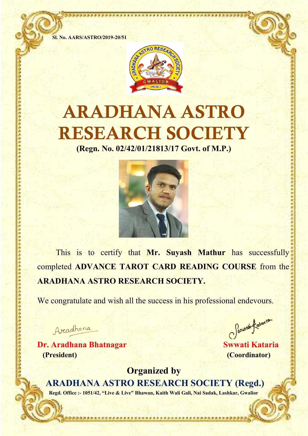 Certificate awarded to Mr. Suyash Mathur from Aradhana Astro Research Society