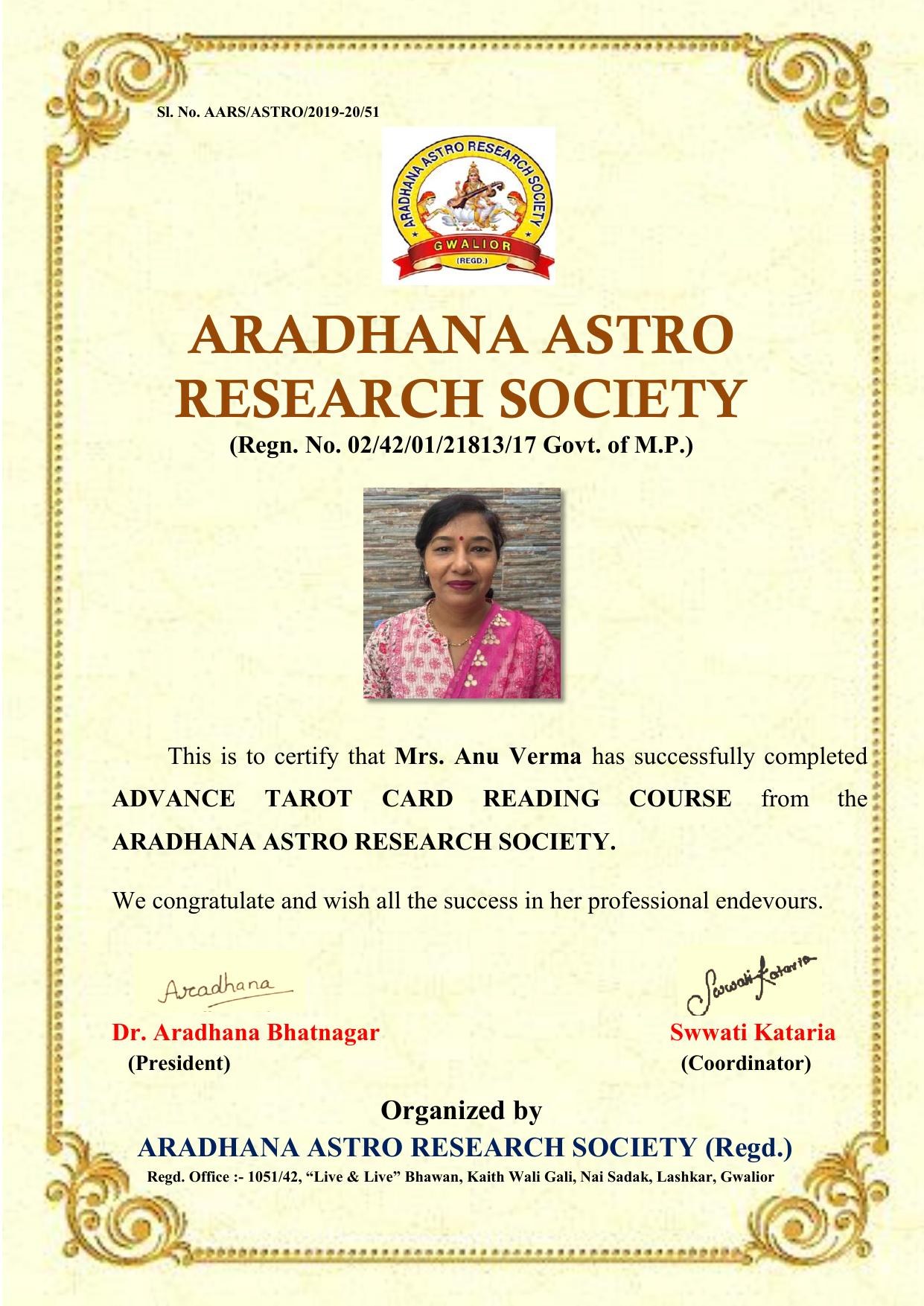 Certificate awarded to Mrs. Anu Verma from Aradhana Astro Research Society