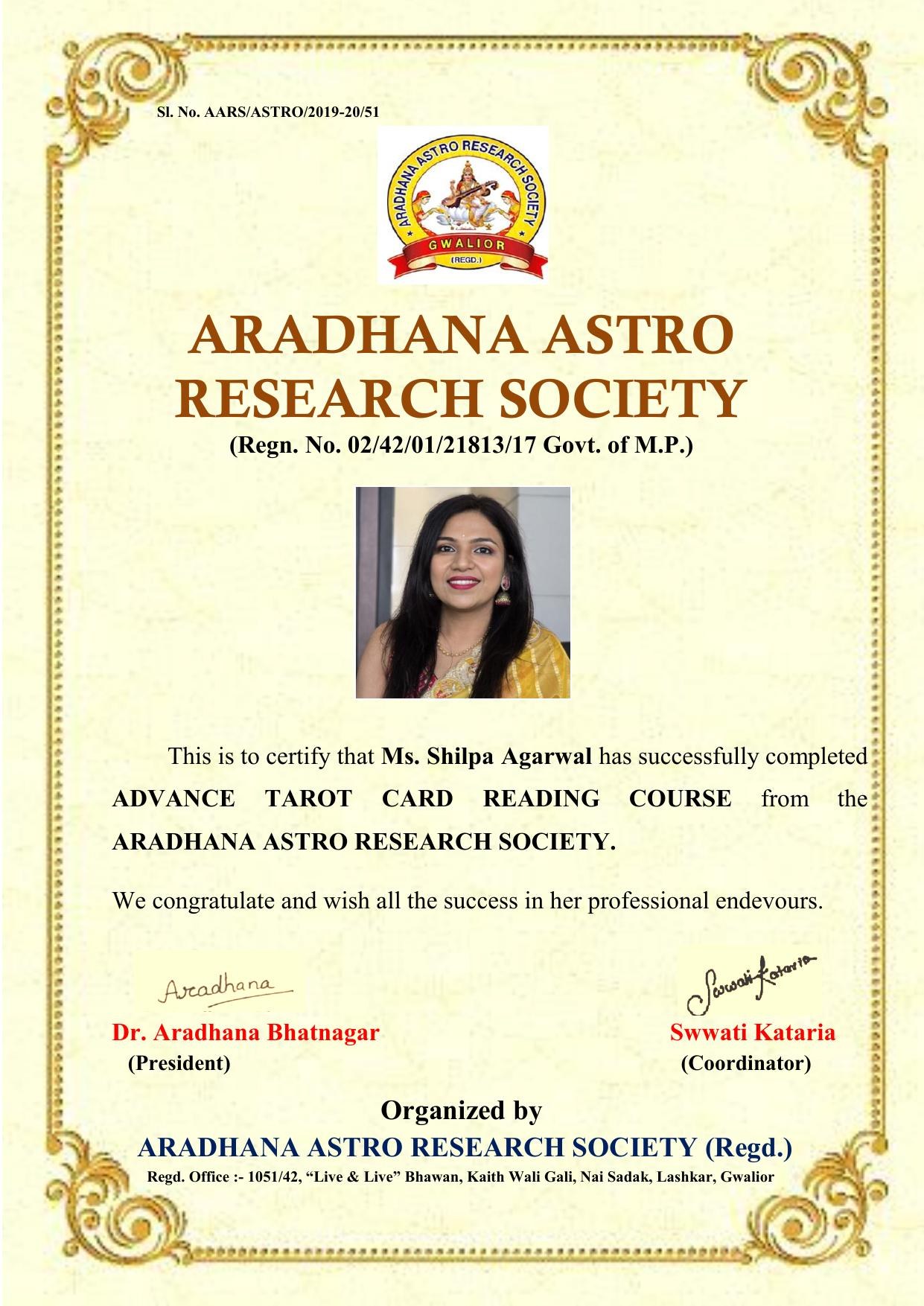 Certificate awarded to Ms. Shilpa Agarwal from Aradhana Astro Research Society
