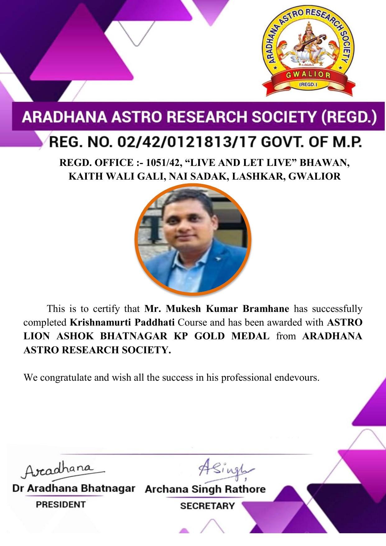 Certificate awarded to Mukesh Kumar Bramhane from Aradhana Astro Research Society