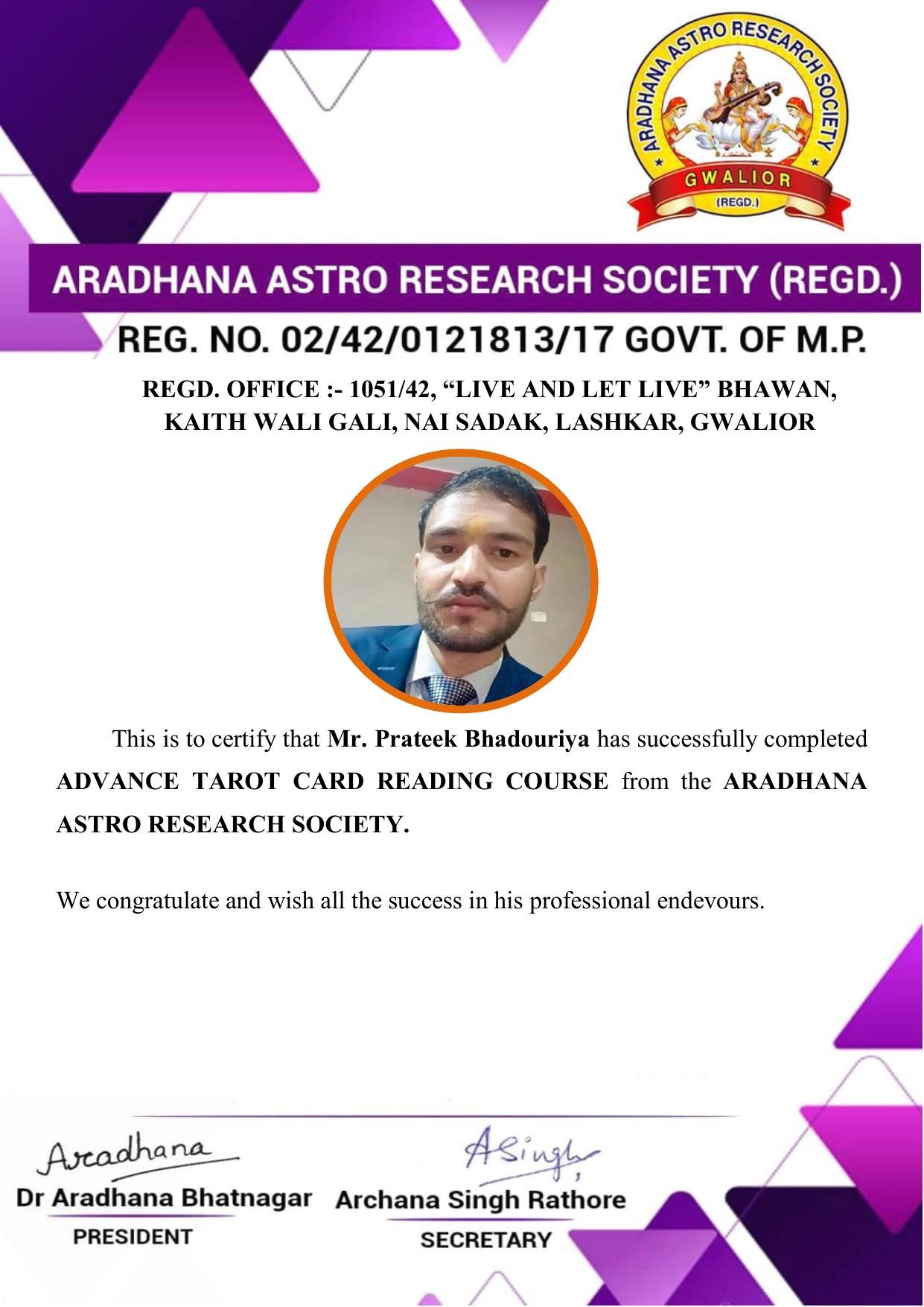 Certificate awarded to Prateek Bhadouriya from Aradhana Astro Research Society