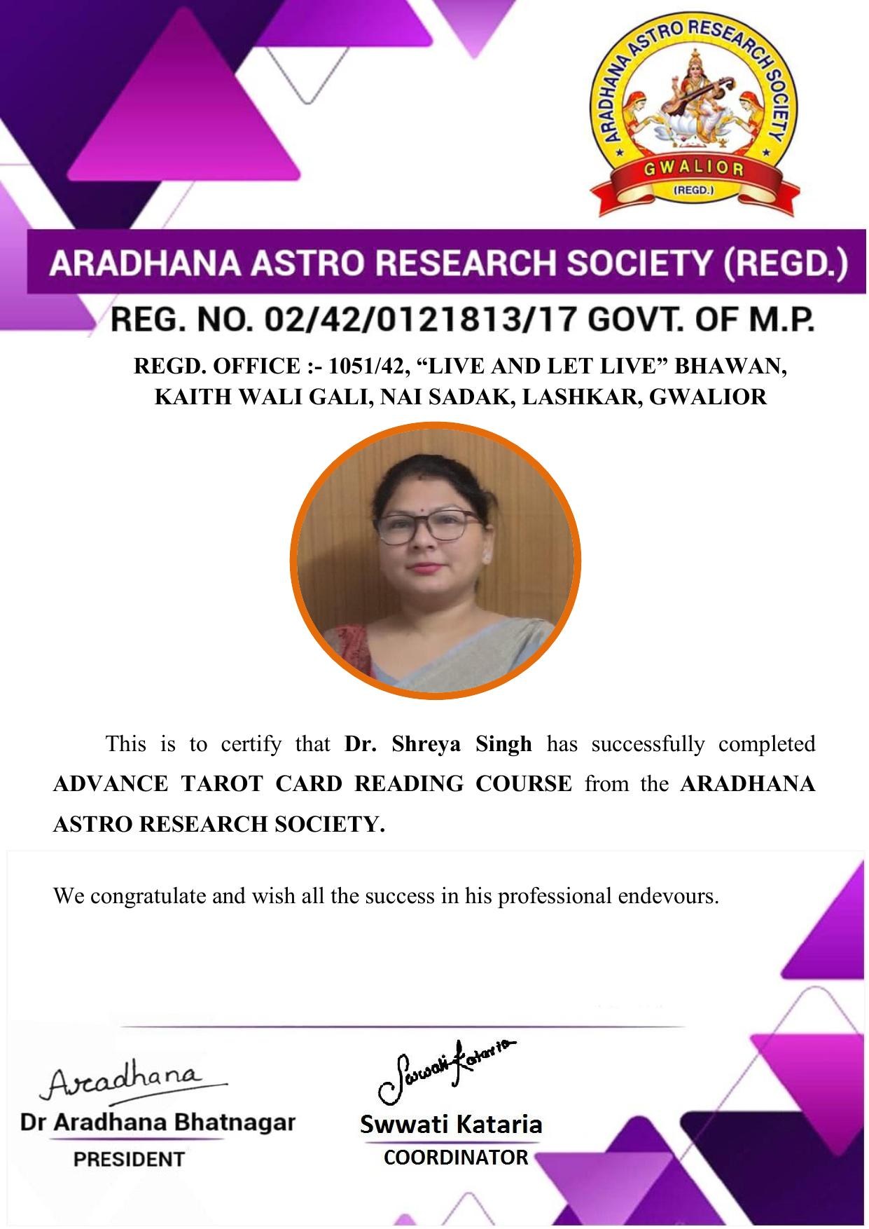 Certificate awarded to Shreya Singh from Aradhana Astro Research Society