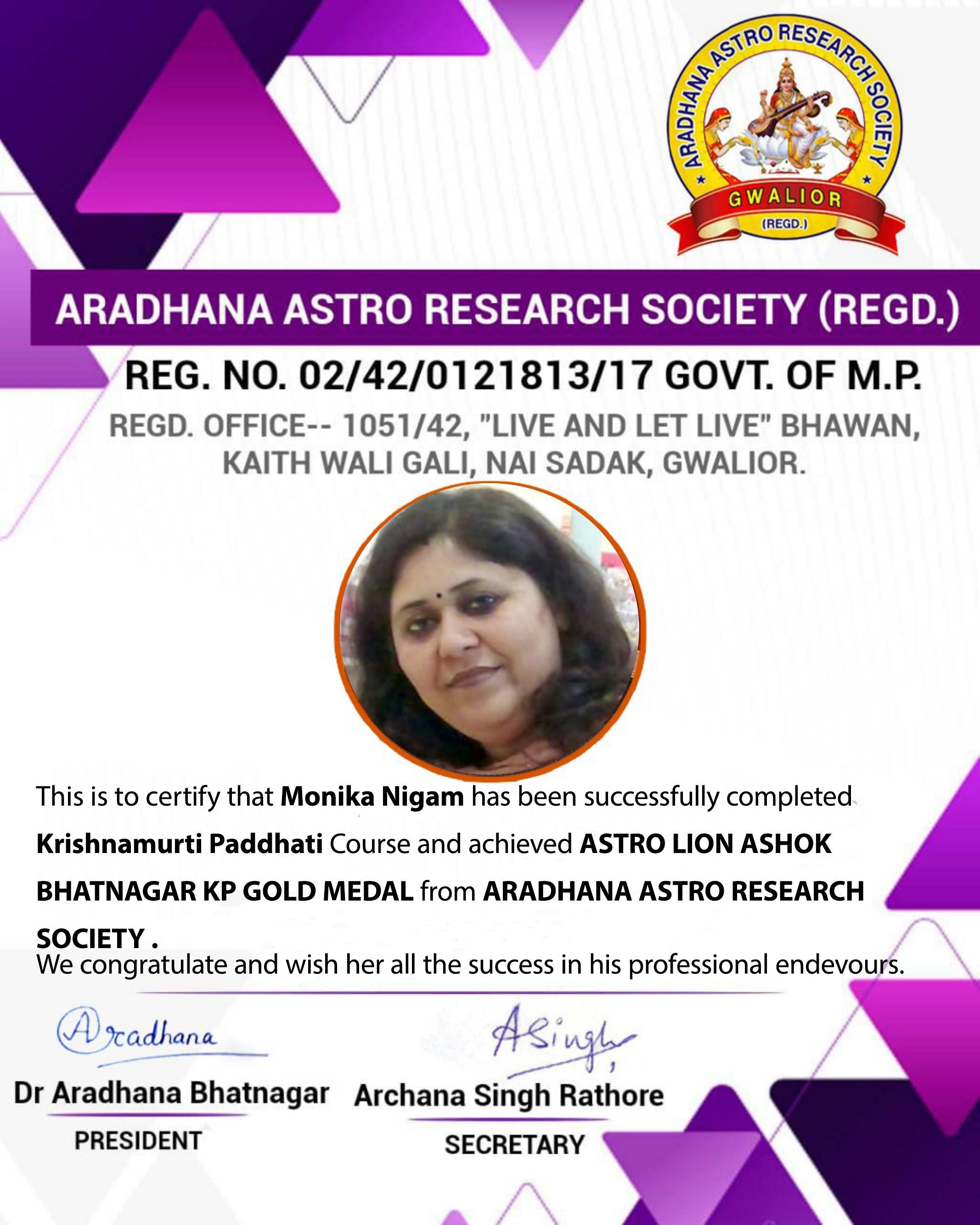 Certificate and KP Gold Medal awarded to Monika Nigam for completing Krishnamurti Paddhati Course