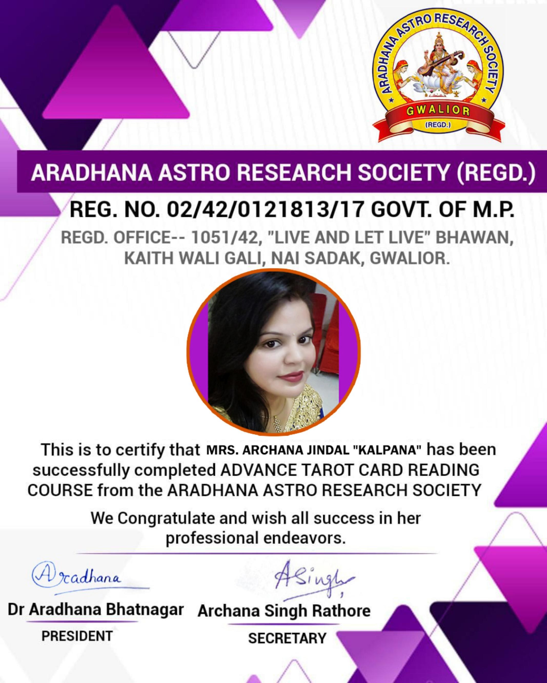 Certificate awarded to Mrs. Archana Jindal from Aradhana Astro Research Society