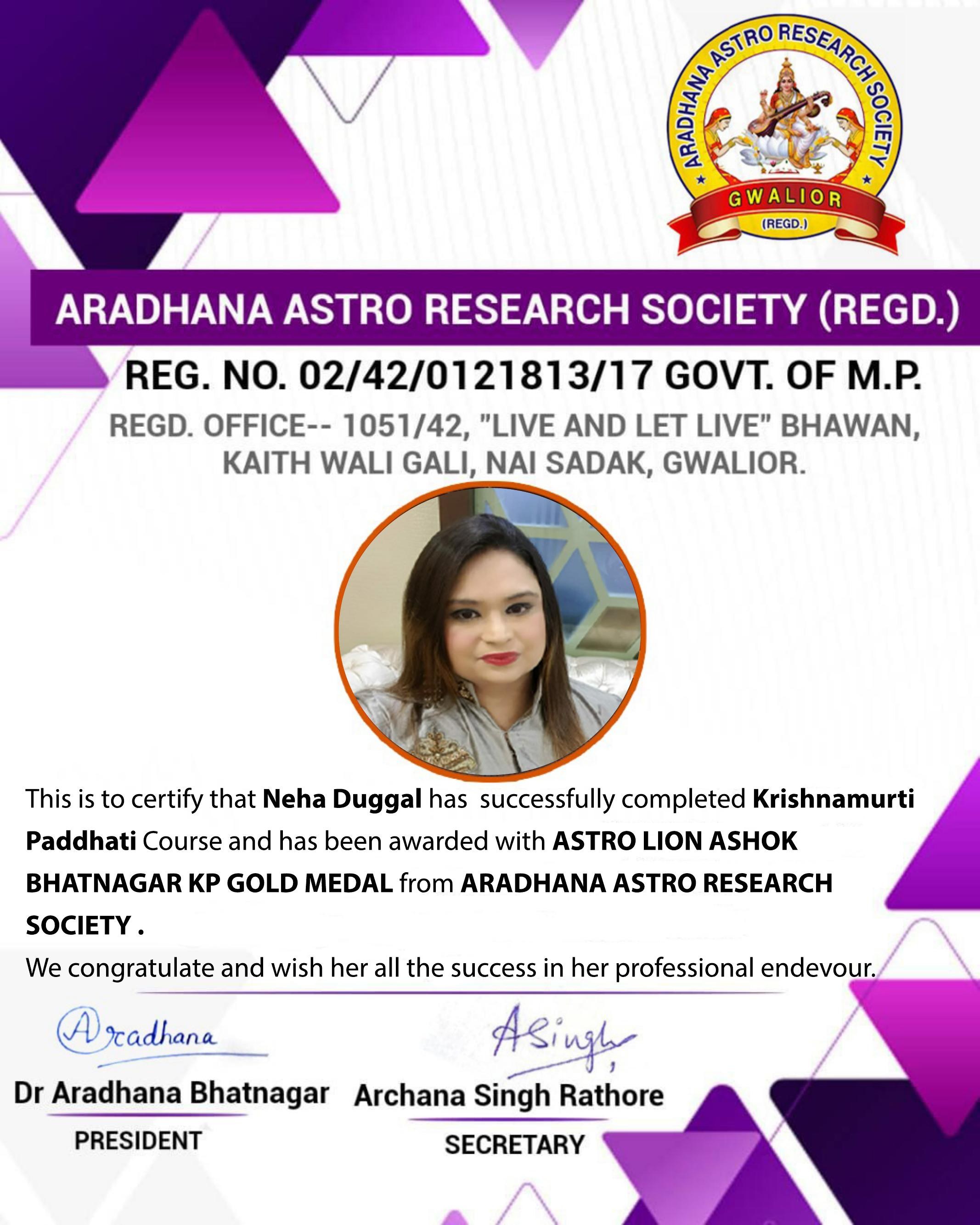 Certificate and KP Gold Medal awarded to Neha Duggal for completing Krishnamurti Paddhati Course