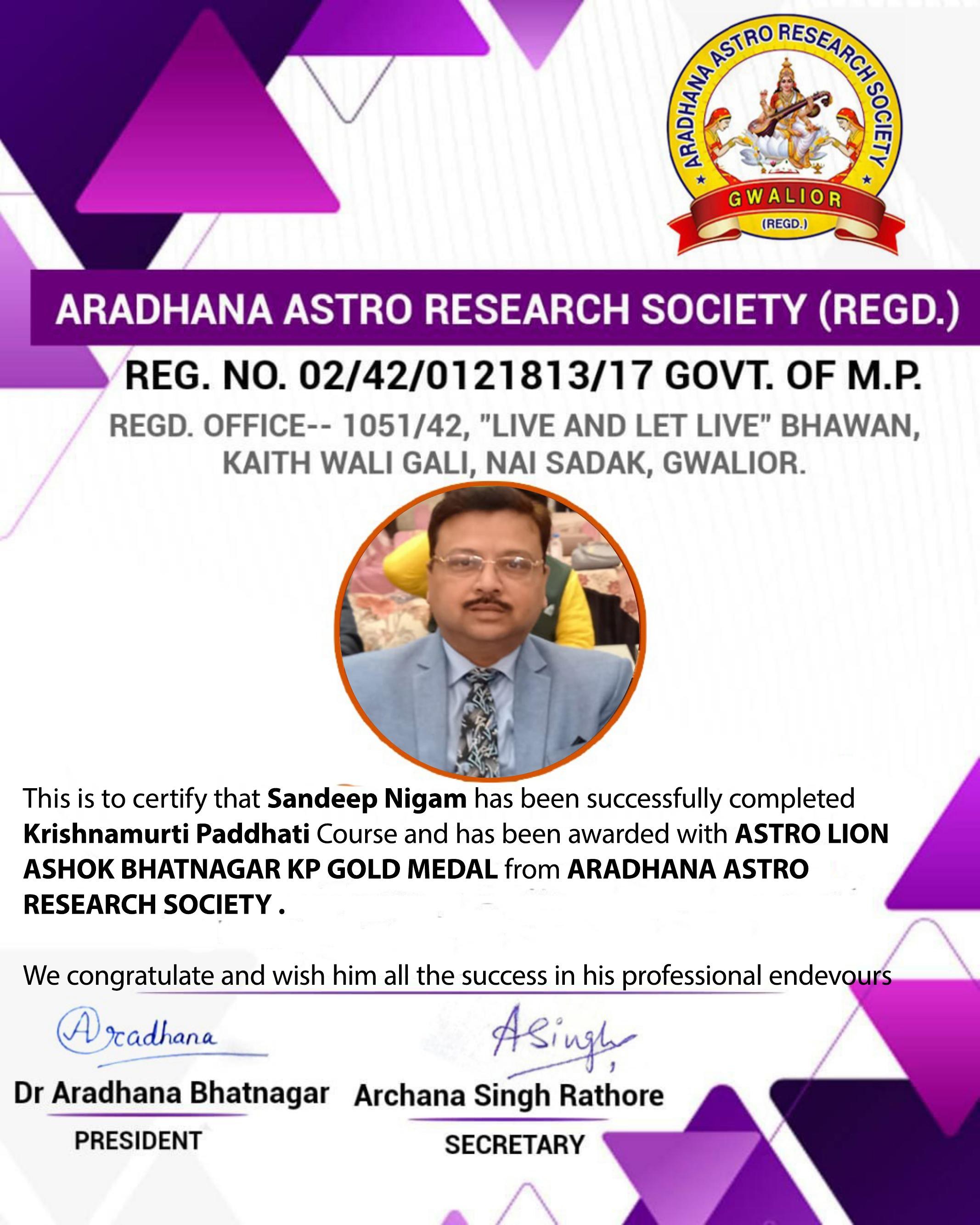 Certificate and KP Gold Medal awarded to Sandeep Nigam for completing Krishnamurti Paddhati Course